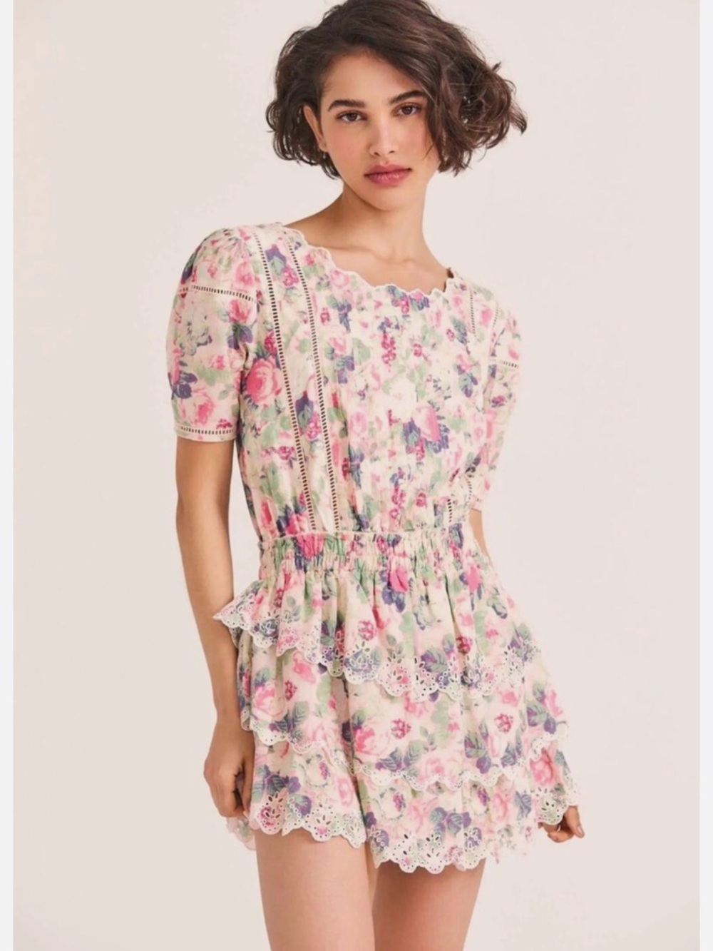 LoveShackFancy Mavis Tiered Mini Cotton Dress in Veiled Kiss Floral Pink - L